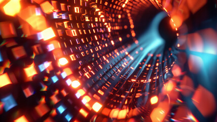 Abstract digital tunnel with dynamic binary code and light effects.
