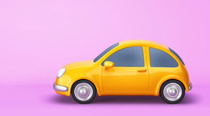 Yellow car isolated on pink background. Clipping path included