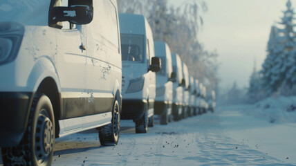 Convoy of vans on a wintry road delivers a feeling of a purposeful journey in frigid weather.