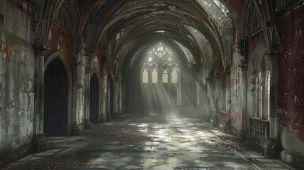Fototapeta na wymiar Sunlight streams through the windows of gothic church ruins, casting a divine light onto the moss-covered floors, creating a scene of haunting beauty.