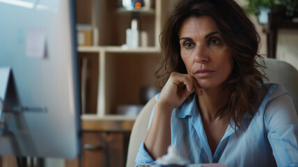 Thoughtful businesswoman in office setting, her gaze revealing focus and determination.