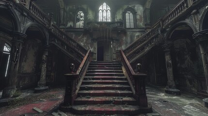 A majestic staircase stands resilient amidst the dilapidation of an aristocratic hall, evoking a bygone era of opulence now surrendered to the ravages of time.