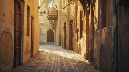 Sunlight filters through a quiet, narrow alley in an old city.
