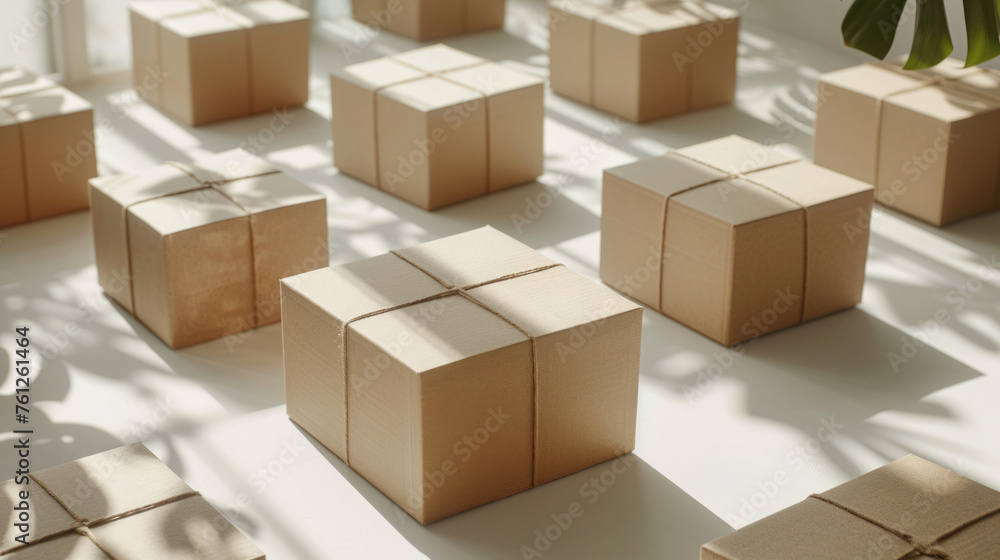 Poster cardboard boxes on a white surface illuminated by natural sunlight creating soft shadows.