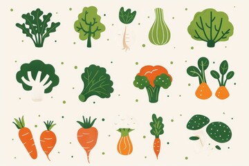 Fototapeta premium Colorful hand-drawn vector vegetables on white background. A collection of various hand-drawn colorful vegetables including broccoli, peppers, and carrots, illustrated on a clean white backdrop
