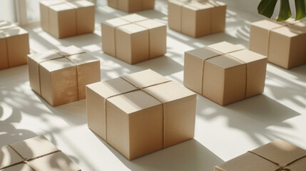 Cardboard boxes on a white surface illuminated by natural sunlight creating soft shadows.