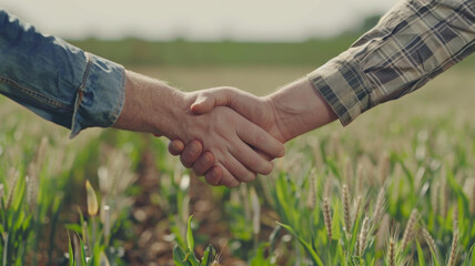 Two hands clasp in a firm handshake in a field, signifying a deal or agreement.