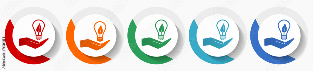 Poster Light, idea, hand with bulb vector icon set, flat icons for logo design, webdesign and mobile applications, colorful round buttons
