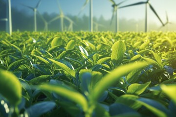 A sunlit tea plantation thrives beneath the gentle blades of eco-friendly wind turbines, symbolizing a harmonious balance between agriculture and sustainable energy.