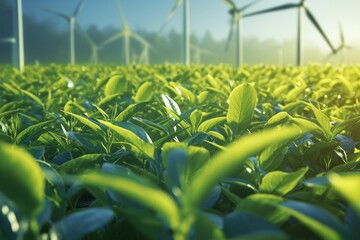 Fototapeta premium A sunlit tea plantation thrives beneath the gentle blades of eco-friendly wind turbines, symbolizing a harmonious balance between agriculture and sustainable energy.