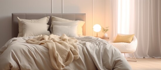 Fototapeta na wymiar Messy white sheets on bed in minimalist home style bedroom interior, with decorative lights