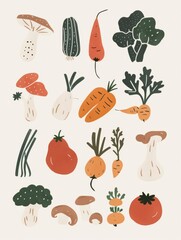 Colorful hand-drawn vector vegetables on white background. A collection of various hand-drawn colorful vegetables including broccoli, peppers, and carrots, illustrated on a clean white backdrop