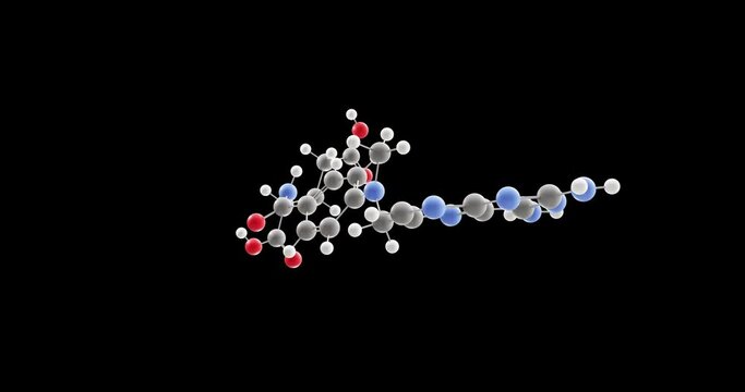 Methotrexate molecule, rotating 3D model of antineoplastic agents, looped video on a black background