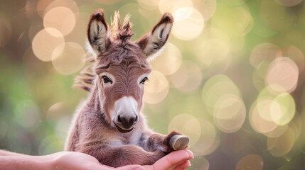 Mini donkey figurine cradled in hands with a warm bokeh background, invoking a sense of rustic charm