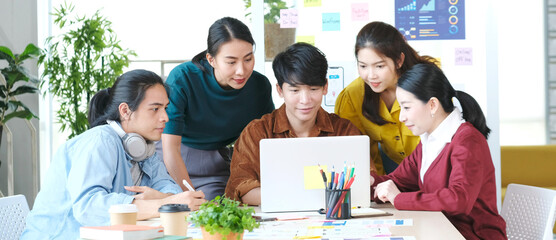 Group of asian creative design meeting brainstorm ideas to plan and develop project at office, Asia small business startup coworker, colleagues working  for the solution, Corperate team