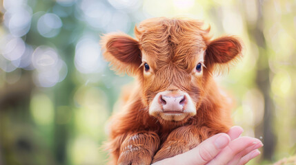 Miniature highland cow nestled in a palm, with a soft-focus bokeh background evoking farm life