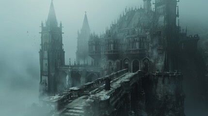 A solitary figure stands before a fog-enshrouded gothic cathedral perched on a cliffside, the ancient structure looming over a chasm of the unknown.