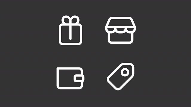 Online store white line animations. Animated shopping white icons. Special offer for customers. E-commerce. Isolated illustrations on dark background. Transition alpha. HD video. Icon pack