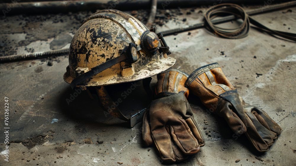 Wall mural weathered coal miner's helmet with headlamp and gloves, symbols of hard labor and mining industry