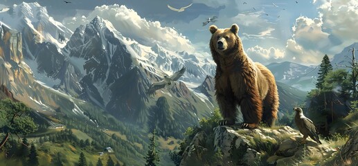 Majestic Alpine A Brown Bear, Alpaca, and Eagle Traverse Rugged Mountainous Terrain