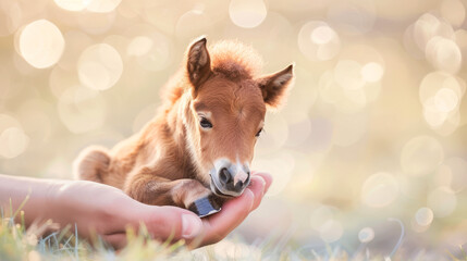 Delicate newborn horse foal resting in human hands, glowing in the soft light of a bokeh effect - obrazy, fototapety, plakaty