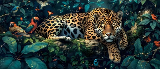 Majestic Jaguar Napping Amidst Vibrant Tropical Canopy and Perched Colorful Birds