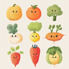 Colorful hand-drawn vector vegetables on white background. A collection of various hand-drawn colorful vegetables including broccoli, peppers, and carrots, illustrated on a clean white backdrop