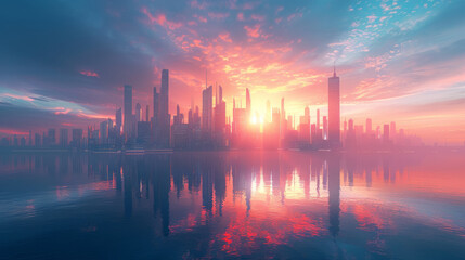 Futuristic city skyline reflected over a tranquil body of water during a vibrant sunrise. Skyscrapers reach towards the colorful sky with hues of pink, orange, and blue.