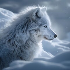 Fototapeta premium Solitary Wanderer of the Snow: The Resilient Grace of a Primal Predator
