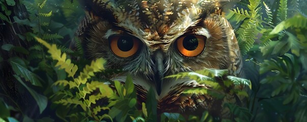 Enigmatic Forest Sage - Owl-Eyed Watcher Amid Ancient Woodland Foliage - obrazy, fototapety, plakaty