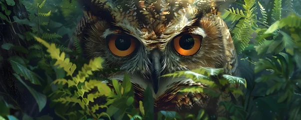 Foto op Canvas Enigmatic Forest Sage - Owl-Eyed Watcher Amid Ancient Woodland Foliage © Bussakon