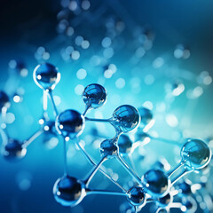 blue molecule atoms structures on blue liquid serum background. Science Molecular water drop DNA Model Structure Atoms bacgkround Medical 