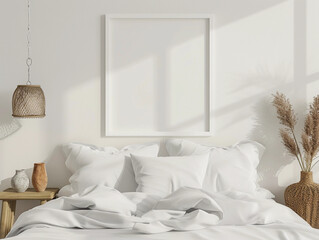 Blank photo square frame mockup on white wall above the bed with white clean pillows in the bedroom. 