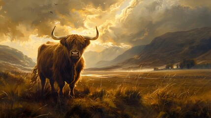 Highland Hymn: A Majestic Bovine Ballad Amid the Rugged Peaks - obrazy, fototapety, plakaty