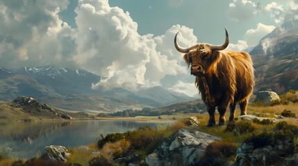 The Majestic Highland Hymn: A Robust Bovine Ballad Amid the Haunting Pipes of Wind-Swept Peaks - obrazy, fototapety, plakaty