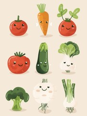 Fototapeta premium Colorful hand-drawn vector vegetables on white background. A collection of various hand-drawn colorful vegetables including broccoli, peppers, and carrots, illustrated on a clean white backdrop