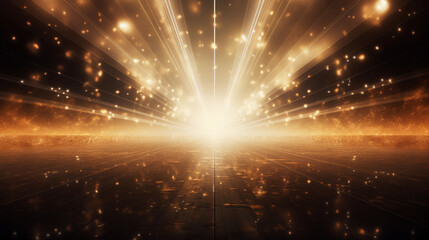 Bright beams reflected in dark space, in the style of light gold and white, anamorphic lens flare, light orange and gold. 