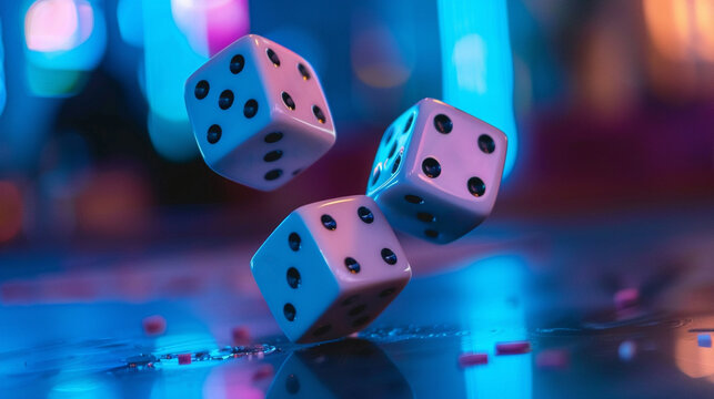 A close-up view of a pair of dice rolling in mid-air capturing the anticipation of a gamble