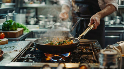 A frying pan sizzling with mouth-watering ingredients in a well-equipped cooking station