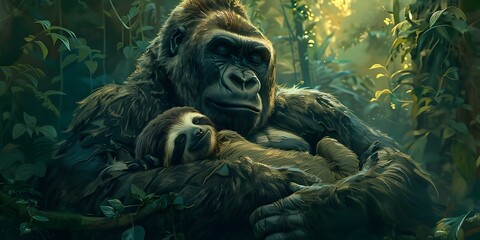 Gentle Gorilla Embraces Sloth Companion in Lush Jungle Canopy - obrazy, fototapety, plakaty