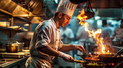 A professional chef expertly crafting a flambe dish in a bustling kitchen