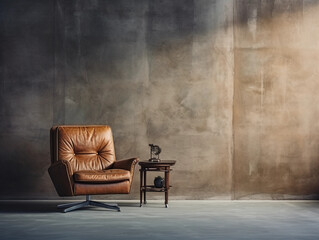 Brown luxury leather armchair in a large empty industrial style space with large window and shadow on rough concrete wall, empty copy space.  - obrazy, fototapety, plakaty
