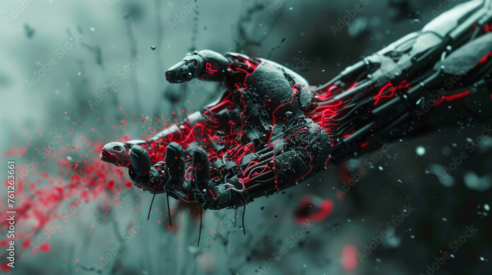 Poster a high-tech robotic hand with intricate details, featured against a moody, dark background with red 