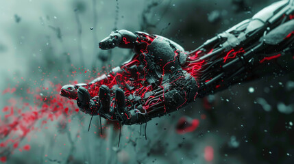 A high-tech robotic hand with intricate details, featured against a moody, dark background with red accents reminiscent of sparks or electricity.