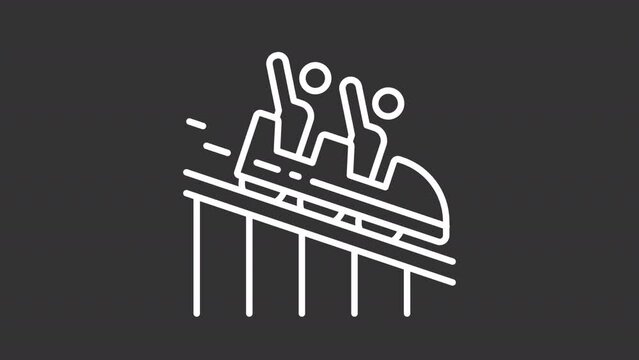 Animated roller riding white icon. Ride amusement line animation. Fairground rail attraction. Extreme vacation. Isolated illustration on dark background. Transition alpha video. Motion graphic