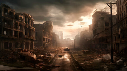 Fototapeta premium Post apocalyptic war background of desert city wasteland with destroyed buildings, generated AI