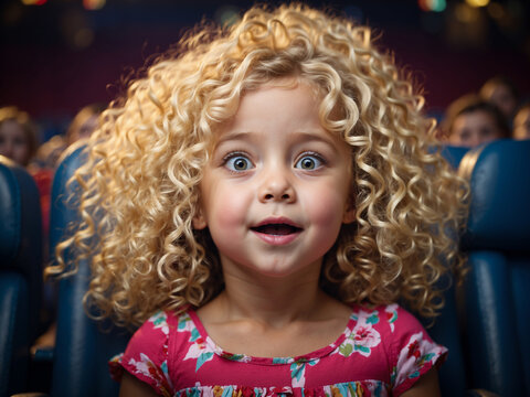 Beautiful cute little blonde girl watching a movie with curious eyes at the local movie theater. 