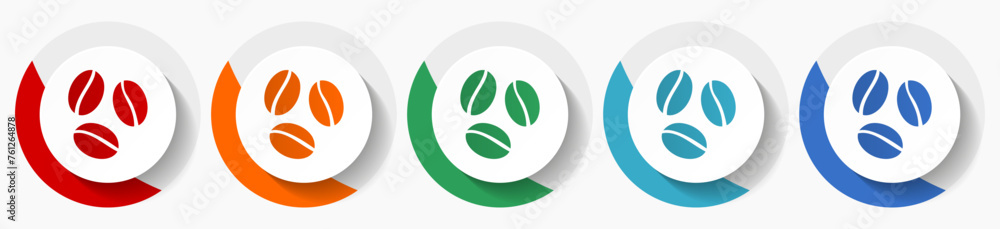 Poster Coffee beans, cafe vector icon set, flat icons for logo design, webdesign and mobile applications, colorful round buttons