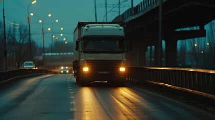 A semi-truck drives along a highway at twilight