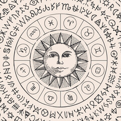 Vector illustration of the Zodiac signs in retro style with Sun and magic runes written in a circle on white background. Hand-drawn banner with twelve horoscope symbols for astrological forecasts - 761264833